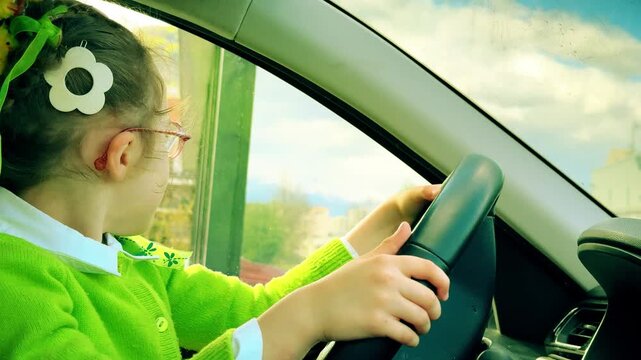 Child Pretending to Drive a Car with Parent Assistance