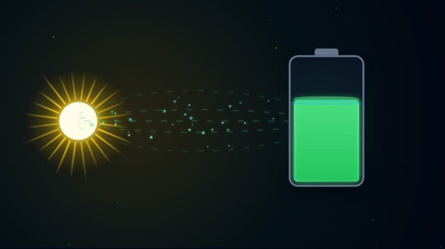 Solar energy icon charging a digital battery on a dark background