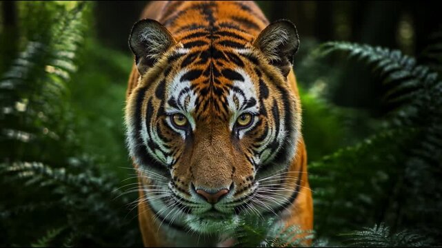 A majestic tiger stalks forward through a lush verdant forest as its whiskers twitch and its eyes lock on a target. This cinematic sequence captures the power of a wild predator in nature.