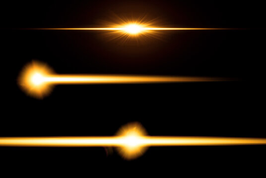 Set of three golden orange anamorphic lens flares and cinematic light streaks on black background