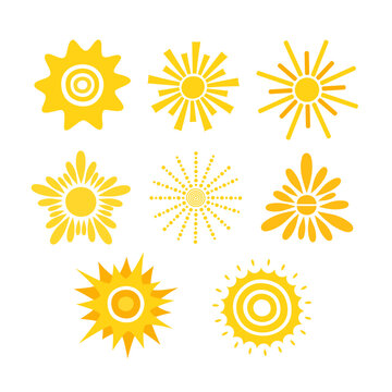 Yellow suns set simple hand drawn vector illustration, stars with round shape middle and beams, cute summer image for making cards, decor, vacation concept, holiday and summertime design for children