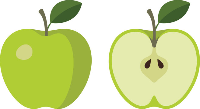 A whole green apple with a single leaf and stem is shown next to a half apple revealing its core and seeds against a clean white background