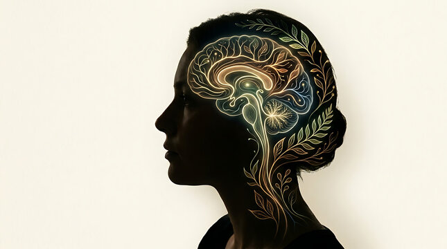 Woman silhouette profile features a detailed botanical illustration of a glowing human brain intertwined with leaves and floral vines.
