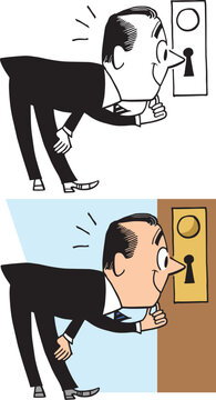 A vintage retro cartoon of a businessman peeping through a keyhole at something interesting. 