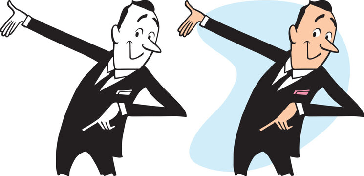 A vintage retro cartoon of a businessman gesturing toward something interesting. 