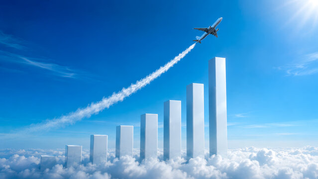 Passenger airplane flying above rising white bar chart in clouds with blue sky business growth concept