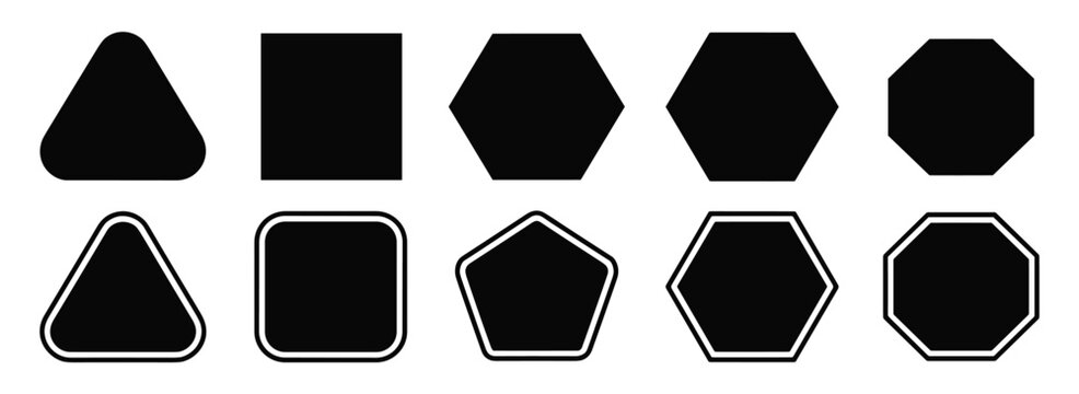 Geometric Shapes Collection: A set of various geometric shapes, including triangles, squares, pentagons, and octagons, presented in black and white. simple design, basic shapes, geometric pattern.