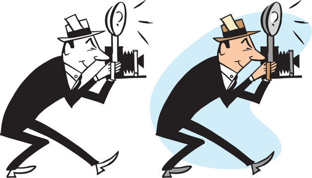 A vintage retro cartoon of a photographer taking a picture with a camera at an event. 