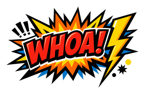 Comic book style WHOA! exclamation with explosion background and lightning bolt, expressing surprise and sudden impact