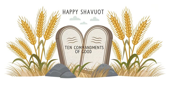 Happy Shavuot greeting with ten commandments tablets and wheat harvest decorative composition