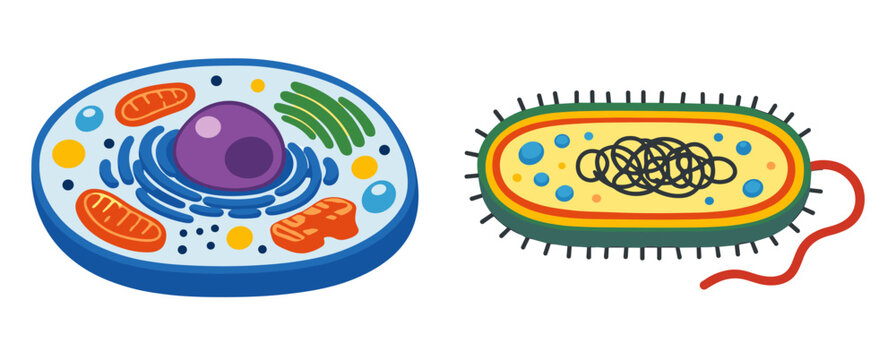 Eukaryotic and prokaryotic cells displaying typical biological structures, organelles, and genetic material for education