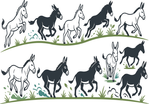 Running donkey herd farm animals outline silhouette collection, meadow countryside field vector illustration