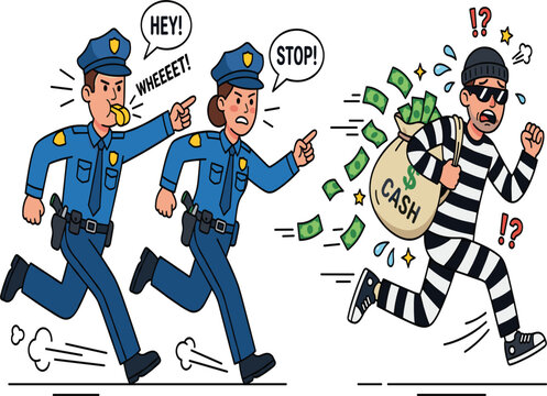 Police officers chasing a criminal thief running away with cash bag, cartoon vector illustration