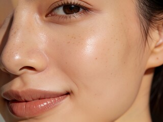 Obraz premium Ultra close shot of cheek pore texture with natural shine, smooth skin, subtle freckles, and healthy complexion, showing calm and confident expression on young adult woman