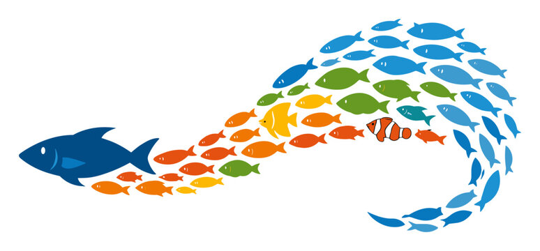 Leader fish guiding a diverse group of smaller fish, with one clownfish symbolizing individuality and non-conformity