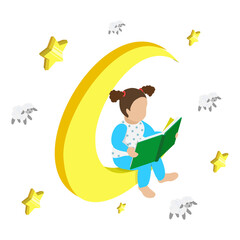 Obraz premium 3D Isometric Flat Illustration of Bedtime, Nightly Tale For Children Before Sleep To Help Them Relax And Drift Off Peacefully