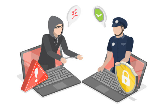 3D Isometric Flat  Illustration of Cybercrime Arrest, Digital Cop Capturing Hacker, Promoting Cyber Security And Prevention