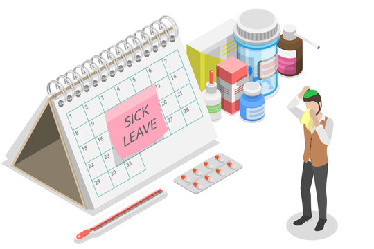 3D Isometric Flat  Illustration of Paid Days, Sick Leave Concept