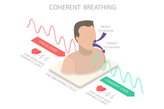 3D Isometric Flat  Illustration of Coherent Breathing, Stress Vs Breathing Cycle