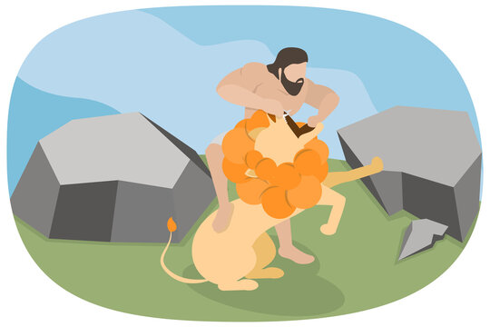 3D Isometric Flat  Illustration of Samson Fighting Lion, Mythological Legend