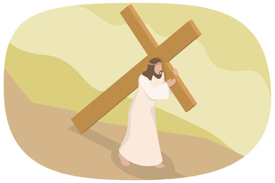 3D Isometric Flat  Illustration of Jesus And Cross, Son of God in Crown of Thorns