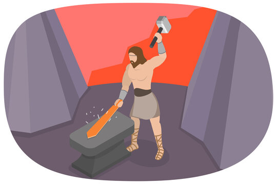 3D Isometric Flat  Illustration of Hephaestus - Greek God, Master Of Fire And Metalwork