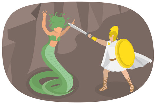 3D Isometric Flat  Illustration of Perseus And Medusa, Greek Mythology