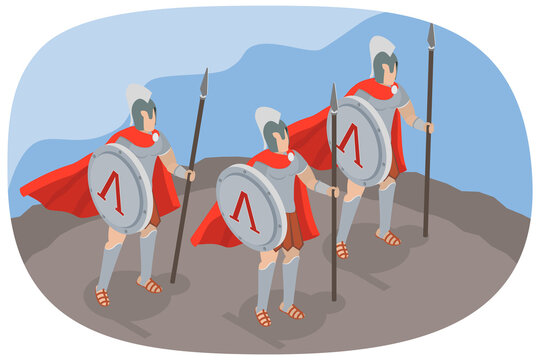 3D Isometric Flat  Illustration of Spartan Warriors, Famous Three Hundred, Prepared For Battle Of Thermopylae