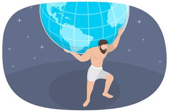 3D Isometric Flat  Illustration of Atlas, Greek Titan, Holding Celestial Heavens For Eternity