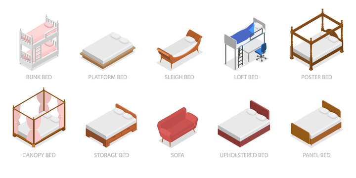 3D Isometric Flat  Set of Beds, Visual Guide To Various Bed Types