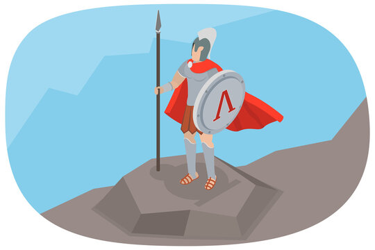 3D Isometric Flat  Illustration of Spartan Warrior, With Shield And Spear, Standing Proudly