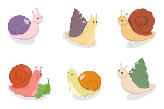 3D Isometric Flat  Set of Kawaii Snails, Funny Cartoon Mollusks