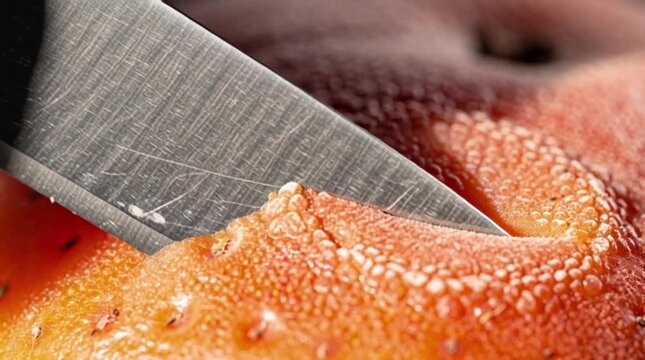 Vivid close-up showcasing a stainless steel knife carefully preparing an exotic prickly pear fruit, emphasizing the rough, organic skin and the precise cut
