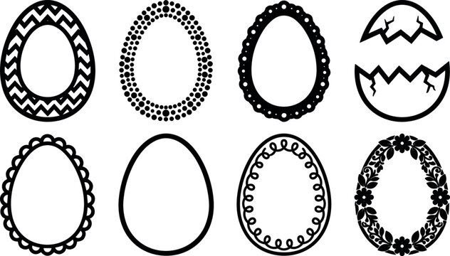 Black and white decorative easter egg silhouettes with various patterns including zigzag dots floral and cracked
