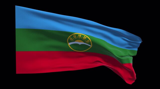 Realistic animation of the Karachay Cherkessia flag waving in the wind, ideal for regional identity projects, news visuals, travel content, cultural videos, presentations, national holidays web banner