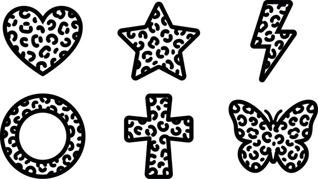 Black and white leopard print heart star circle cross and butterfly vector art line icons