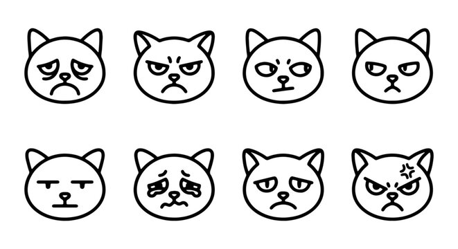 Grumpy Cat Faces Vector Icons, Sad Feline Expressions, Emotion Emoticons Set