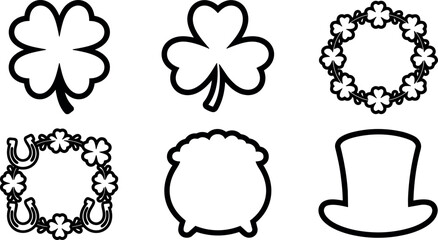 Fototapeta premium Black and white st patricks day icons including clover wreath pot and hat