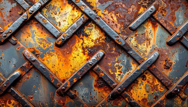 Close-up of a rusted metal surface with a crosshatched pattern of darkened iron strips. The rust forms textured layers