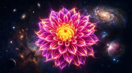 Fototapeta premium Plasma Bloom Dahlia with Glowing Neon Magenta and Electric Yellow Energy Petals in a Cosmic Void