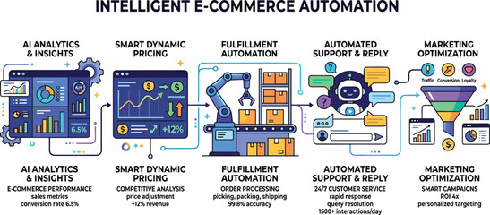 Fototapeta premium Intelligent ecommerce automation vector infographic with AI analytics smart pricing fulfillment systems and automated customer support concepts