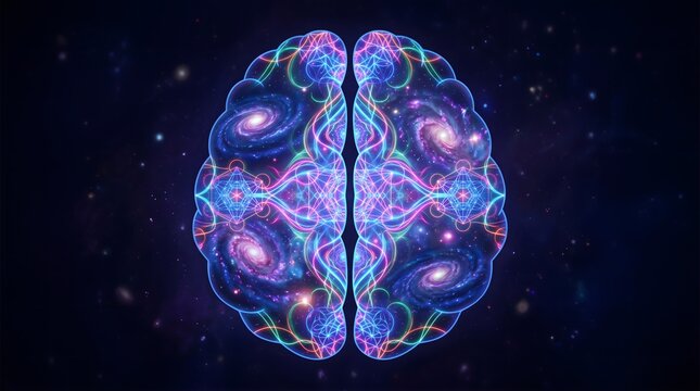 Symmetrical Human Brain Silhouette Filled with Swirling Galaxies and Glowing Neon DMT Energy Patterns