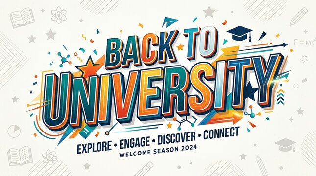 Back to university banner with academic icons and colorful typography.