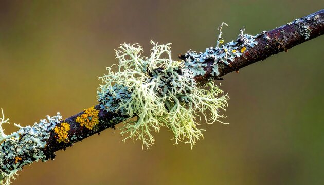 Close-up of a twig showcasing diverse lichen growth. The branch is angled against a soft, blurred backdrop of autumnal hues