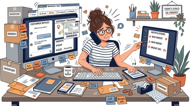 Overwhelmed ecommerce seller workspace vector illustration with order management customer support multitasking and small business productivity stress concepts