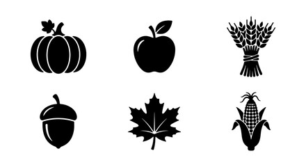 Autumn Harvest Icons: Pumpkin, Apple, Wheat, Acorn, Maple Leaf, Corn © RAKIB