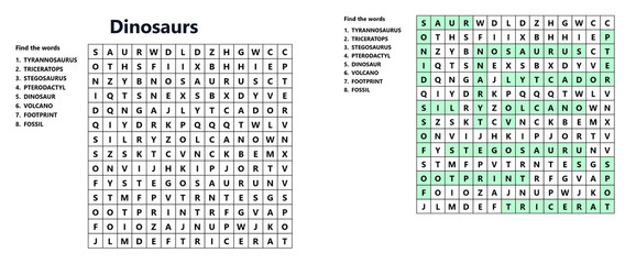 Dinosaurs filword puzzle with words highlighted in green, educational game and learning activity for children © Iryna