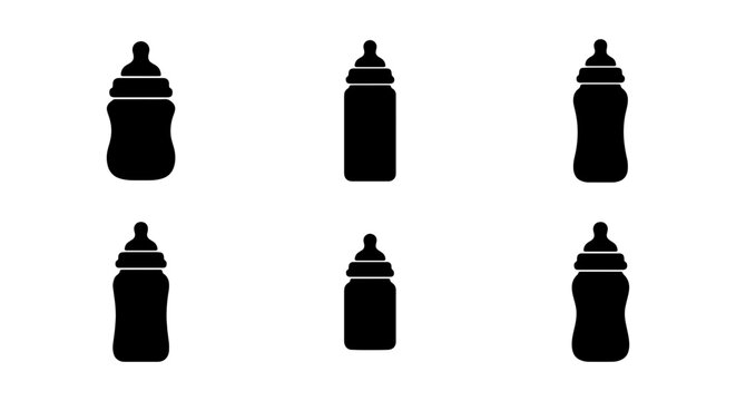 Baby Bottle Icons Set, Newborn Feeding Supplies, Infant Care Vector Graphics