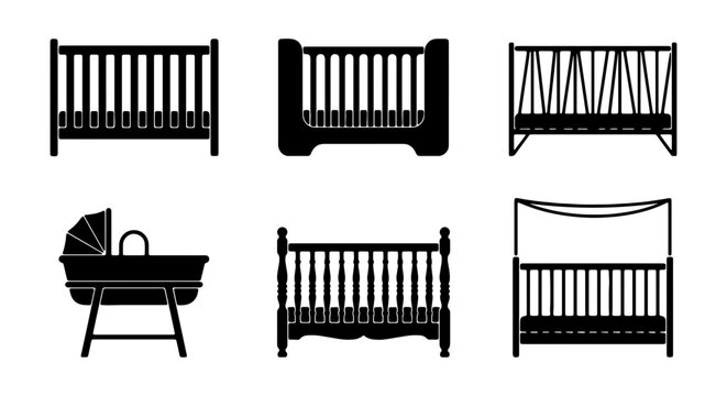 Baby Cribs Collection, Nursery Furniture Icons, Infant Beds Vector Set