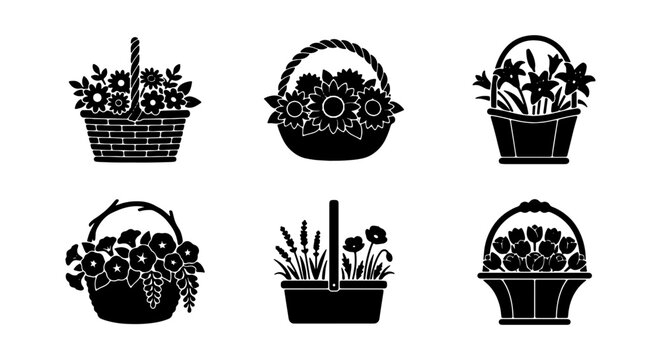 Floral Baskets Vector Icons, Flower Arrangements, Decorative Containers